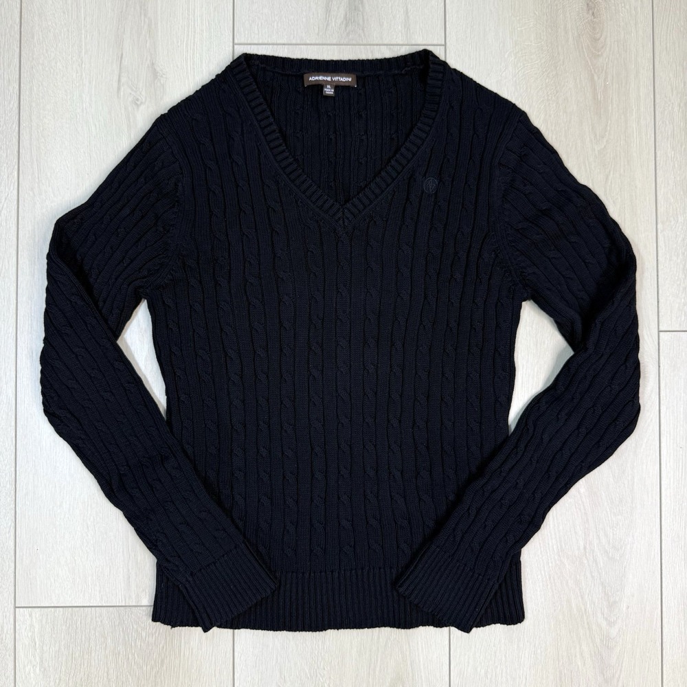 Adrienne Vittadini Cable Knit Sweater Women's XL Black Cotton V-Neck Logo Pullov